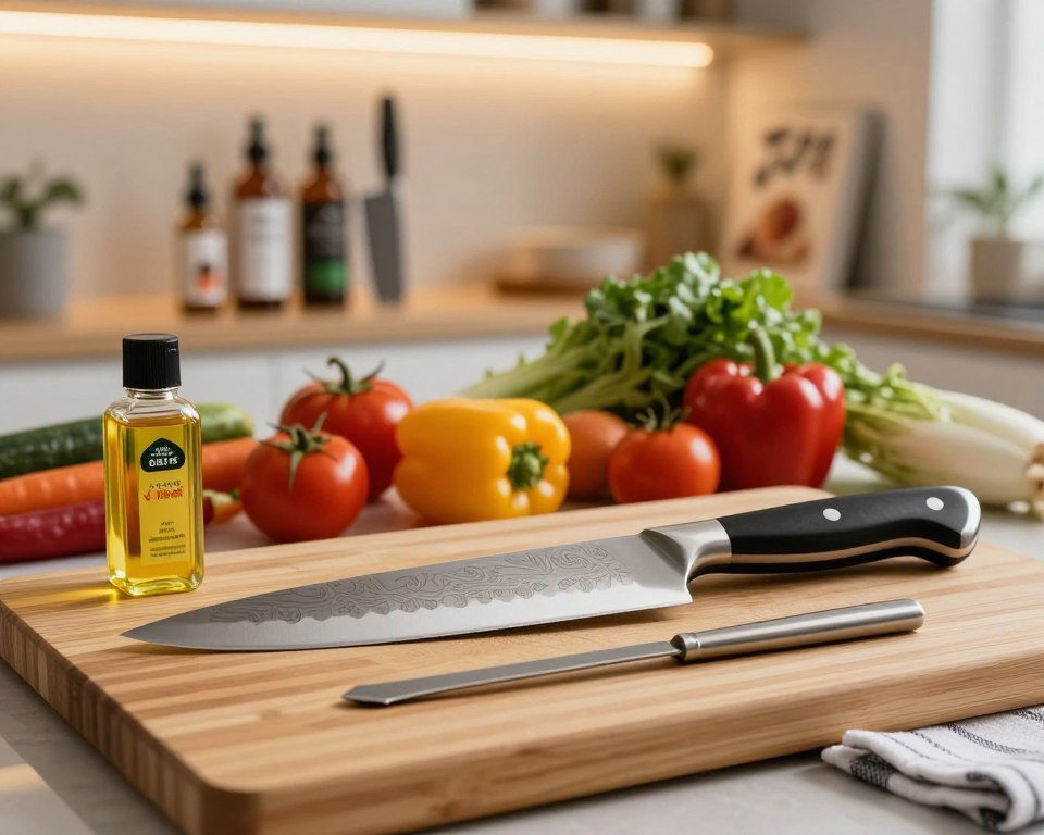 A beautifully arranged kitchen setting showcasing knife care tips. In the foreground, a polished Damascus Nakiri knife rests elegantly on a bamboo cutting board, with small, meticulously arranged items like mineral oil, a honing steel, and a microfiber cloth nearby. The middle ground features a vibrant array of fresh vegetables, symbolizing the knife's purpose. In the background, soft-lit shelves display knife care products and a few cookbooks, creating a cozy, organized atmosphere. The lighting is warm and inviting, highlighting the gleam of the knife's blade, while a shallow depth of field focuses on the knife and care items, adding a sense of intimacy and professionalism to the scene.