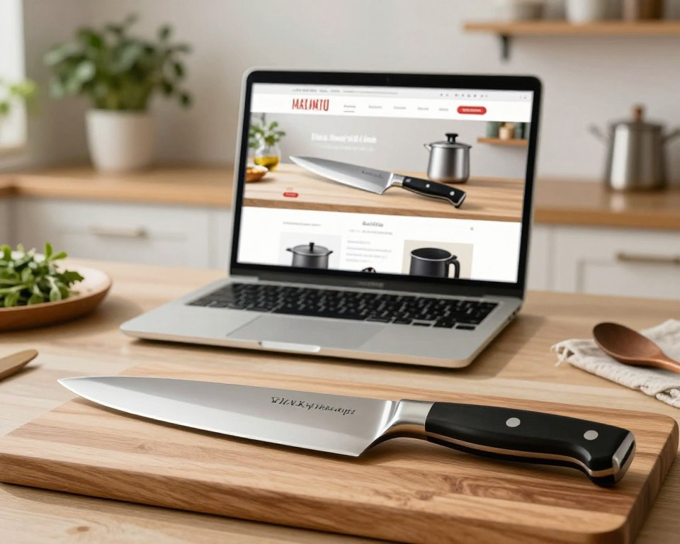 A beautifully arranged online shopping scene featuring the Sakai Takayuki Inox Yanagiba knife as the centerpiece. In the foreground, the sleek and elegant Yanagiba knife rests on a wooden cutting board, glinting in soft, warm light that highlights its fine craftsmanship. The middle layer displays a laptop opened to a vibrant e-commerce site with the knife prominently featured, surrounded by various kitchenware and culinary tools to enhance the setting. In the background, a cozy kitchen scene with softly blurred shelves showcasing culinary books and herbs plants creates a welcoming atmosphere. The overall mood conveys a blend of sophistication and culinary passion, inviting the viewer into the world of gourmet cooking tools. The image is well-lit with natural light, shot from a slightly elevated angle to capture all elements harmoniously.