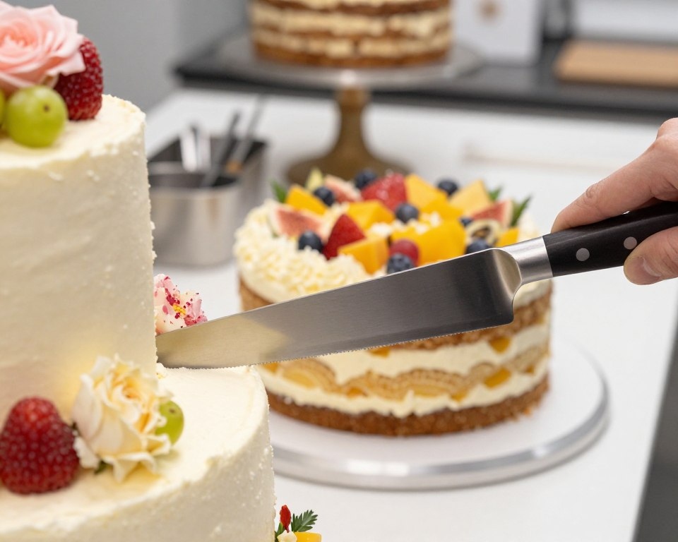 A beautifully arranged scene featuring a Sakai Takayuki cake knife elegantly slicing through a tiered cake adorned with intricate frosting and delicate decorations. In the foreground, the knife glimmers under soft, natural lighting, showcasing its fine craftsmanship and sharp blade. The mid-ground highlights the cake layers, revealing rich textures and vibrant colors of fruits and flowers. In the background, a blurred kitchen setting provides a cozy and inviting atmosphere, complete with cake stands and baking utensils subtly out of focus. The image captures a moment of precision and artistry, emphasizing the mood of culinary elegance and celebration. The angle is slightly elevated, offering a dynamic view that draws the viewer's eye to the knife and cake, making it a perfect visual representation of cake slicing perfection.