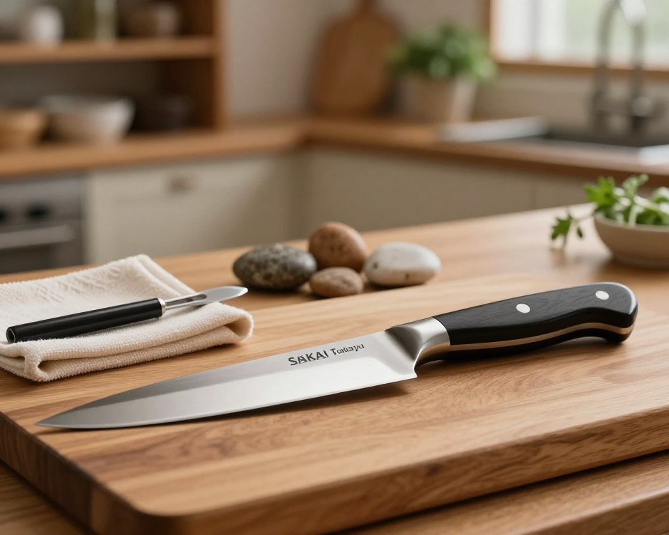 A beautifully arranged scene focusing on a high-quality Sakai Takayuki Hien knife, prominently displayed in the foreground on a wooden cutting board. The knife's blade glints under soft, warm lighting, showcasing its impeccable craftsmanship and sharp edge. Beside the knife, a polishing cloth and a honing steel elegantly rest, suggesting maintenance. In the middle ground, a subtle collection of natural stones for sharpening adds depth to the composition. The background features a softly blurred kitchen setting with wooden shelves and culinary herbs, enhancing the atmosphere of a well-maintained kitchen. The overall mood is serene and professional, embodying the care and attention that goes into maintaining such a masterpiece. Capture the image from a slightly elevated angle to highlight the knife and tools vividly.