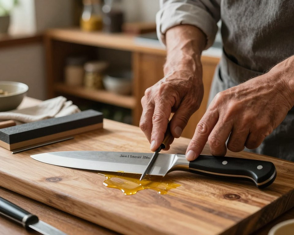 A beautifully arranged scene of handmade chef knife maintenance, featuring a Sakai Takayuki 300mm knife prominently displayed in the foreground. The knife is placed on a rustic wooden cutting board, glistening with fresh oil. Surrounding it are tools like a whetstone, honing steel, and a soft cloth, evoking a sense of craftsmanship and care. In the middle ground, a pair of well-worn hands, clad in modest professional attire, gently sharpen the blade, showcasing the art of knife maintenance. The background features a softly lit kitchen with wooden shelves holding various culinary tools and spices, adding warmth to the atmosphere. Utilize natural lighting to create soft shadows, capturing the intricate details of the knife's blade and handle, while maintaining a focused composition with a slight depth of field effect. The overall mood is serene and knowledgeable, emphasizing dedication to maintaining quality kitchen tools.