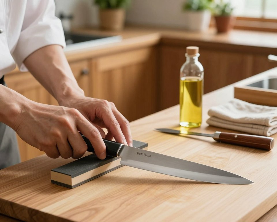 A beautifully arranged scene showcasing the art of caring for a Sakai Takayuki knife, prominently featuring a polished Japanese chef's knife on a wooden cutting board. In the foreground, close-up of a left-handed individual carefully honing the blade with a whetstone, their focused expression reflecting dedication. The middle ground includes a few essential knife-care tools—oil for maintenance, a cloth, and a sharpening steel—arranged neatly. The background features a softly lit kitchen, with warm wooden cabinetry and herbs in pots, enhancing the homely atmosphere. The lighting is soft and natural, illuminating the knife's blade to showcase its craftsmanship, creating a calm and focused mood that emphasizes the importance of proper knife care.