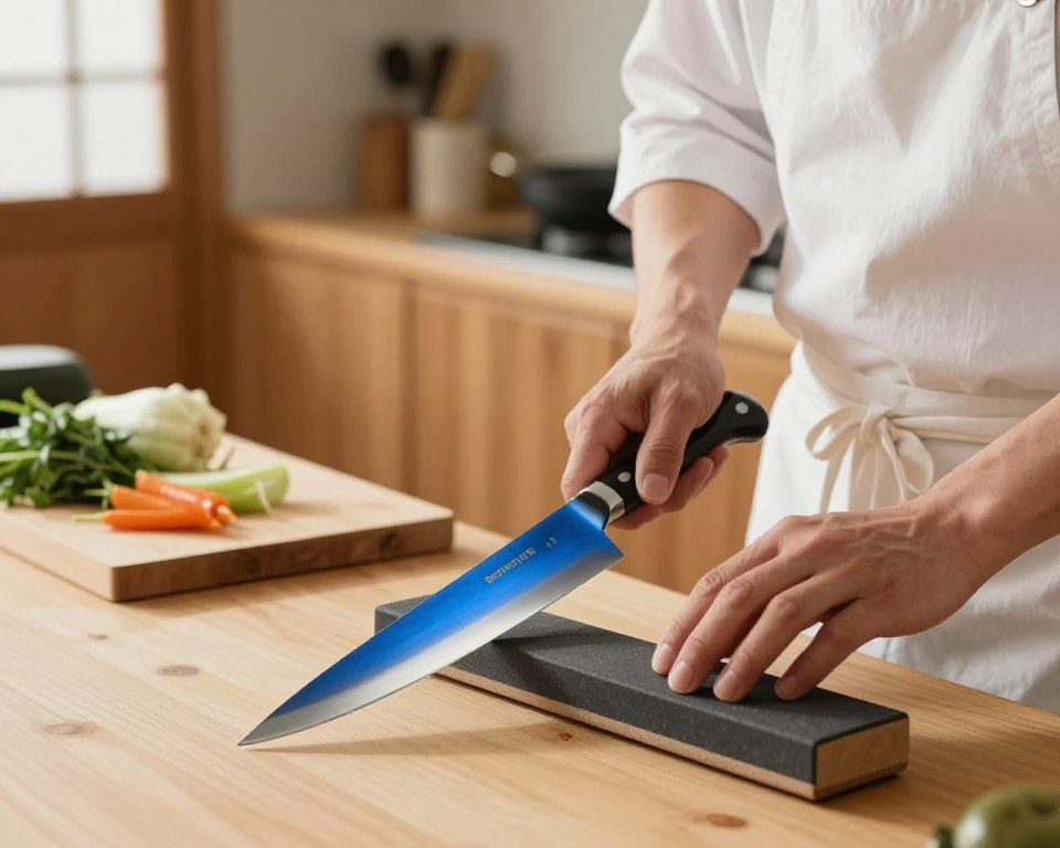 A beautifully arranged scene showcasing the maintenance of a Sakai Takayuki Aogami Super Blue Santoku knife. In the foreground, a skilled artisan, dressed in a simple yet elegant white apron and modest attire, is honing the razor-sharp blade on a traditional water stone. The knife gleams under soft, diffused natural light, highlighting its stunning craftsmanship and unique blue steel. In the middle ground, a wooden cutting board is visible, adorned with a few fresh vegetables, indicating the knife's intended purpose. In the background, a cozy kitchen ambiance is captured with warm wooden cabinetry and soft, inviting colors. The overall atmosphere conveys a sense of care, skill, and respect for the art of Japanese knife maintenance, emphasizing the importance of preserving the Santoku knife for culinary excellence.
