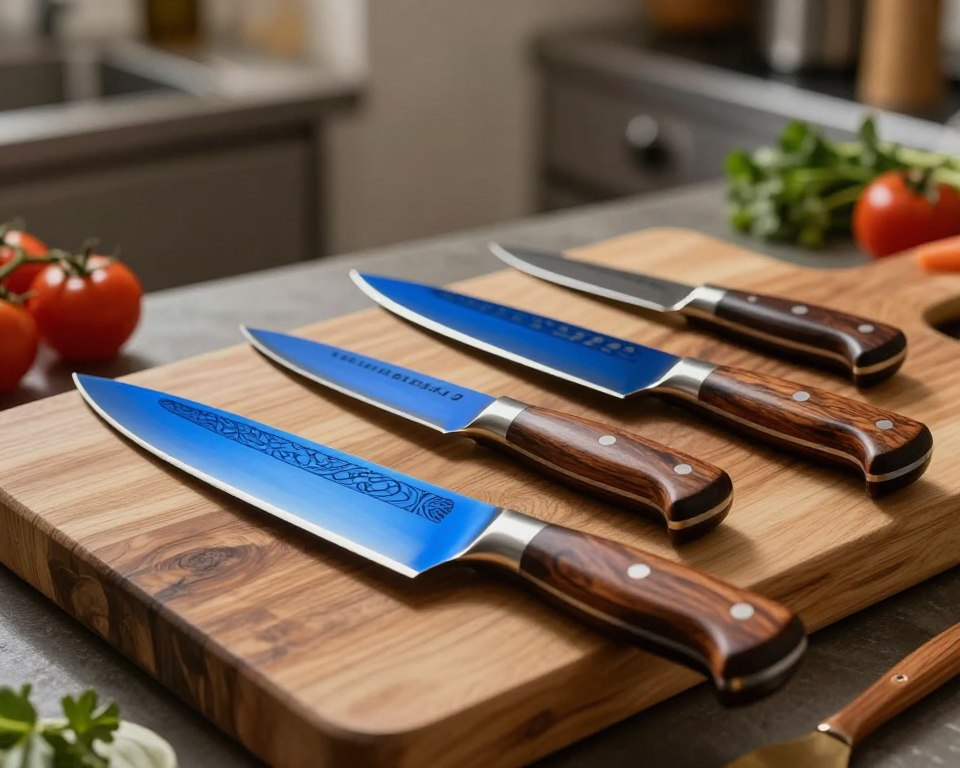 A beautifully arranged selection of Sakai Takayuki Blue 2 knives, prominently displayed on a rustic wooden cutting board. The knives, featuring distinct blue steel blades, intricate patterns, and polished wooden handles, gleam under soft, warm lighting, highlighting their craftsmanship. In the foreground, a chef's knife stands out, with its sharp edge glinting. In the middle, a paring knife and a utility knife complement the chef's knife, positioned at angles that showcase their unique designs. The background softly fades into a blurred kitchen setting, adorned with fresh vegetables and herbs, creating a warm, inviting atmosphere. The image captures a professional yet approachable culinary vibe, ideal for home chefs looking to enhance their kitchen experience.