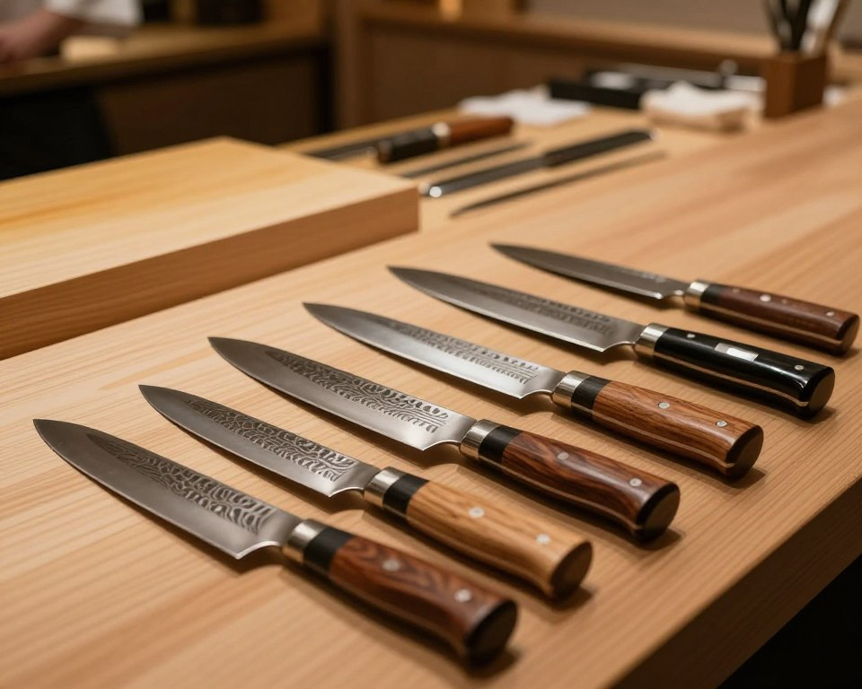 A beautifully arranged selection of Sakai Takayuki knives, showcasing various styles and sizes, displayed on a polished wooden countertop. The foreground features three knives with distinctive hammered Damascus patterns and elegant wooden handles, emphasizing their craftsmanship. In the middle ground, a few more knives are artistically angled to highlight the unique blade shapes and shimmering textures. Soft, warm lighting illuminates the scene, creating a cozy atmosphere that brings out the richness of the wood and the metallic surfaces of the knives. In the background, a blurred culinary setting with a hint of traditional Japanese decor enhances the cultural essence, inviting viewers into the world of high-quality knife selection. Capture the image with a shallow depth of field to focus on the knives while softly blurring the background for a professional and inviting look.
