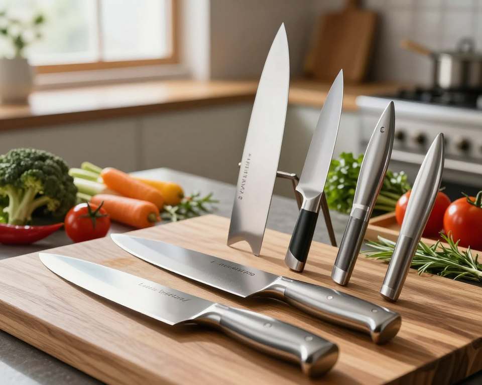 A beautifully arranged set of Japanese kitchen knives from the Sakai Takayuki Inox Pro range, showcasing a variety of styles including a chef's knife, paring knife, and a santoku. The knives should be placed on a polished wooden cutting board, reflecting their high-quality craftsmanship. The foreground captures the detailed blades with shimmering steel and elegant, ergonomic handles. In the middle, fresh ingredients like vibrant vegetables and herbs are artfully scattered around to evoke a culinary vibe. The background features a softly blurred kitchen environment, filled with natural light streaming in from a nearby window, creating a warm and inviting atmosphere. The overall mood is professional, highlighting the beauty and functionality of each knife, perfect for culinary enthusiasts.