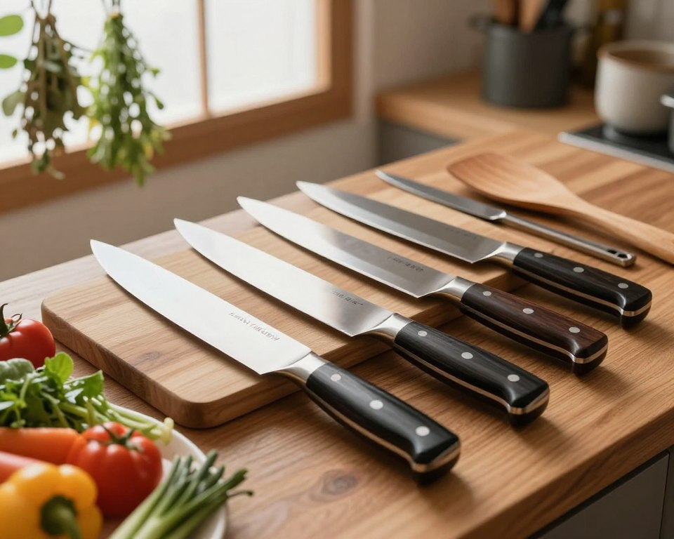 A beautifully arranged set of Sakai Takayuki 210mm Gyuto knives on a polished wooden countertop. The knives feature exquisite, hand-forged blades with a mirror finish and elegant ergonomic handles made from traditional Japanese materials. In the foreground, a wooden cutting board holds fresh, vibrant vegetables, their colors contrasting against the sleek steel of the knives. The middle ground showcases various professional chef tools, such as a honing steel and a wooden spatula, arranged artistically. The background includes softly blurred kitchen elements like hanging herbs and pots, illuminated by warm, natural lighting filtering through a window, creating an inviting and professional culinary atmosphere. The mood is one of mastery and elegance, perfect for those who appreciate fine craftsmanship in cuisine.