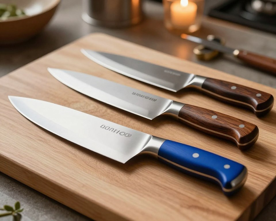 A beautifully arranged set of Sakai Takayuki Aoniko Blue 2 steel kitchen knives displayed on a wooden cutting board. In the foreground, the focus is on an elegant chef’s knife with a sleek, sharp blade reflecting light, showcasing the craftsmanship. In the middle, a paring knife and a santoku knife are positioned gracefully beside it, their handles made of rich, dark wood. The background features a softly blurred kitchen setting with warm, ambient lighting, emphasizing a cozy cooking atmosphere. The overall mood conveys safety and professionalism, highlighting the importance of proper knife handling techniques. The scene is captured from a slightly elevated angle, enhancing depth and inviting viewers into the chef's workspace.
