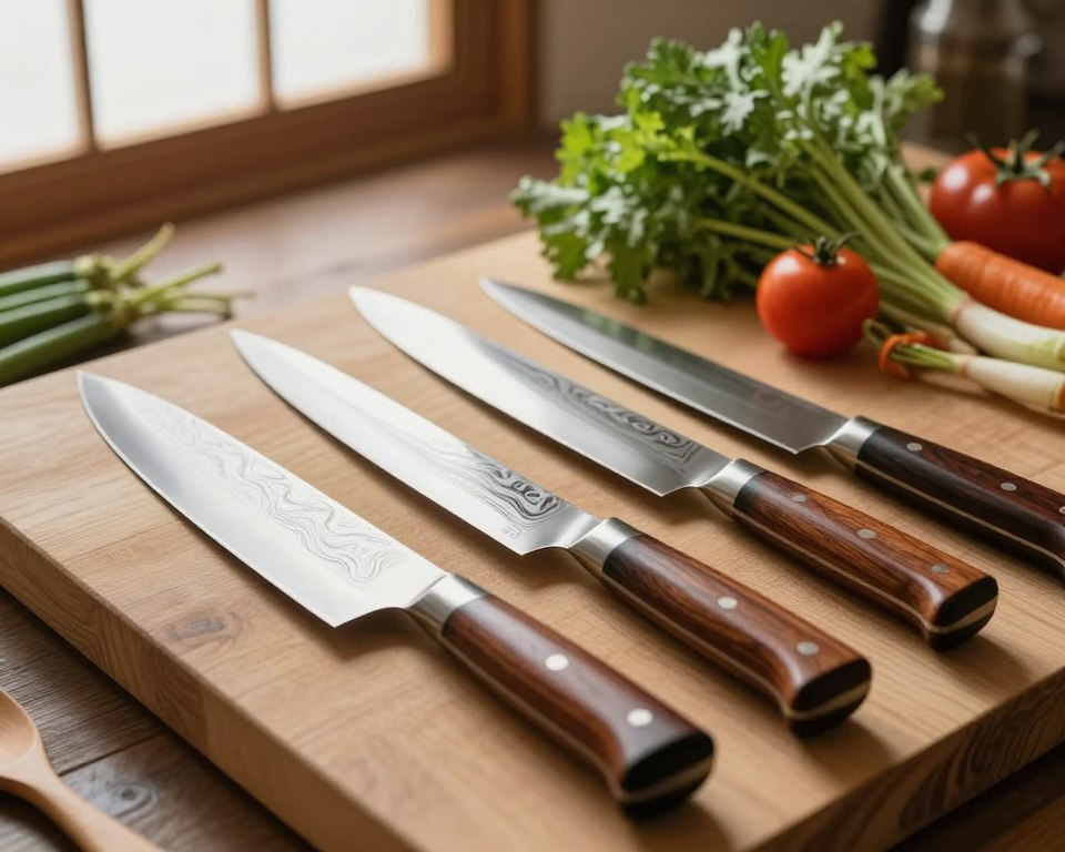 A beautifully arranged set of Sakai Takayuki Japanese kitchen knives displayed on a traditional wooden cutting board. The foreground features a variety of knife models, each showcasing their unique patterns and shapes: a gyuto, a santoku, and a petty knife, all with stunning Damascus steel patterns and polished wooden handles. In the middle background, fresh ingredients like vibrant vegetables and herbs are artfully scattered, enhancing the culinary atmosphere. Soft, warm, and diffused natural light filters through a nearby window, creating gentle highlights on the blades and adding depth to the scene. The overall mood is elegant and serene, capturing the essence of Japanese craftsmanship and culinary artistry in a classic kitchen setting.