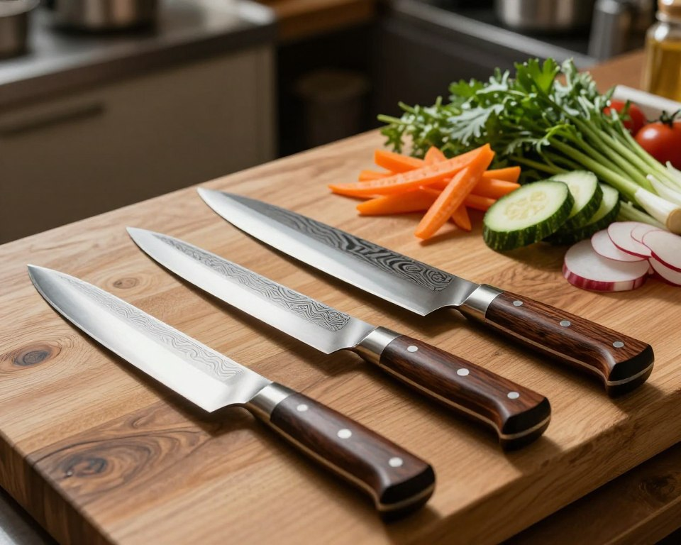 A beautifully arranged set of Sakai Takayuki Tokujo Japanese chef knives on a rustic wooden cutting board. In the foreground, display three distinct knives featuring sleek, stainless steel blades with intricate damascus patterns and traditional octagonal handles made of dark wood. The middle ground focuses on freshly chopped vegetables and herbs, showcasing the knives' culinary uses, with vibrant colors and textures. The background includes a soft-focus kitchen setting with warm, ambient lighting, enhancing the craftsmanship and artistry of the knives. The overall mood is inviting and professional, capturing the essence of high-quality Japanese cutlery in an engaging culinary context.