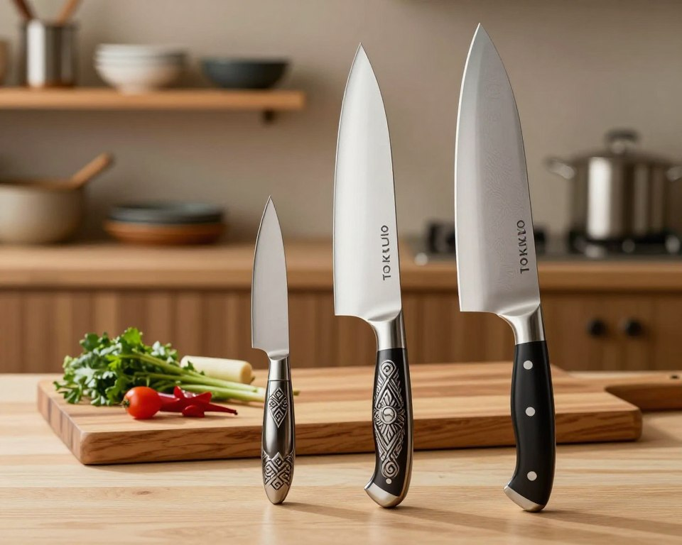 A beautifully arranged set of Sakai Takayuki Tokujo knives, showcasing their elegant craftsmanship and high-quality steel. In the foreground, display three distinct knives: a chef's knife with a polished blade reflecting the light, a paring knife with a intricately detailed handle, and a santoku knife with a unique, subtle pattern on the blade. In the middle, place a wooden cutting board with fresh vegetables and herbs, highlighting the functionality of these knives. The background should feature a softly lit kitchen environment with wooden shelves displaying more cutlery and a gentle bokeh effect to create depth. The atmosphere conveys a sense of culinary artistry and precision, emphasizing the superior quality of Tokujo knives. Use warm, inviting lighting to enhance the details and textures of the scene.