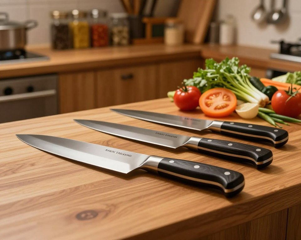 A beautifully arranged set of Sakai Takayuki knives displayed on a polished wooden kitchen countertop. In the foreground, a chef's knife gleams under soft, warm overhead lighting, showcasing its precision-forged blade and intricately detailed handle. Beside it, a paring knife lies elegantly, highlighting its sharp edge. In the middle, a cooking scene unfolds with fresh vegetables and herbs arranged artfully, suggesting preparation. The background features blurred shelves filled with spices and utensils, creating a warm, inviting atmosphere. The image captures a cozy, professional kitchen vibe, emphasizing the craftsmanship and quality of the Sakai Takayuki knives. The mood is inspiring and showcases the appreciation of culinary artistry.