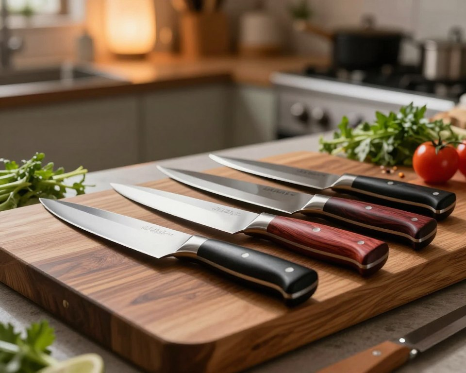 A beautifully arranged set of Sakai Takayuki knives displayed on a sleek, polished wooden cutting board. The focus is on the exquisite craftsmanship of the knives, showcasing their sharp blades and elegant handles made of ebony or rosewood, reflecting a high-end kitchen aesthetic. In the background, a soft-focused kitchen setting with subtle, warm ambient lighting creates an inviting atmosphere. Various fresh ingredients like herbs and vegetables are artistically placed around the knives, emphasizing their function and quality. The scene captures a sense of precision and artistry, with a shallow depth of field drawing the viewer's attention to the craftsmanship. The overall mood is one of culinary excellence and sophistication, perfect for highlighting premium kitchen tools.