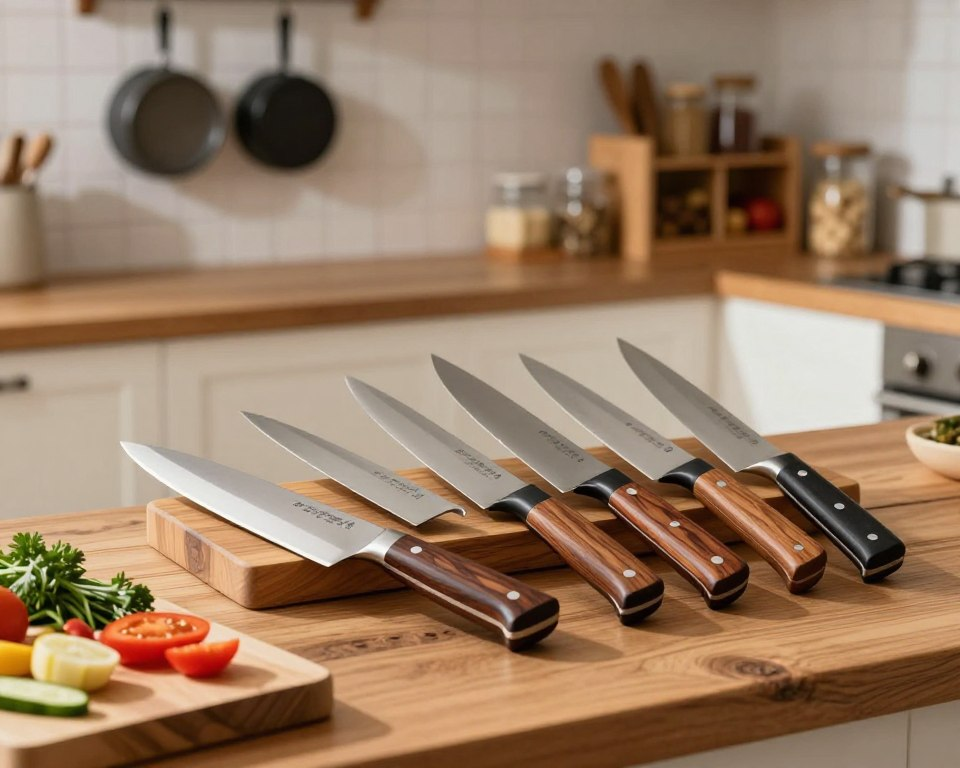 A beautifully arranged set of Sakai Takayuki knives on a rustic wooden kitchen countertop, showcasing the exquisite craftsmanship and attention to detail in the blades. The knives have elegant handles made of traditional Japanese materials, reflecting their high-quality heritage. In the foreground, there's a finely crafted wooden cutting board with fresh, colorful ingredients, such as vegetables and herbs, enhancing the vibrancy of the scene. The middle ground features a sunlight-drenched kitchen with subtle shadows creating a warm and inviting atmosphere. The background includes soft kitchen elements like hanging pots and wooden shelves filled with spices, all in a cozy, European kitchen setting. The lighting is soft and natural, highlighting the sheen of the blades and the rich textures of the wood. The image conveys a sense of culinary artistry and satisfaction, perfect for showcasing customer experiences.