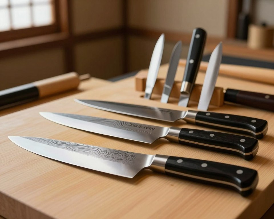 A beautifully arranged set of Sakai Takayuki knives, showcasing the craftsmanship and precision of each blade. In the foreground, focus on a stunning chef's knife with a polished blade, gleaming in soft natural light that highlights its intricate Damascus pattern. In the middle, display a variety of other knives, such as a paring knife and a Santoku, elegantly propped on a warm wooden cutting board. In the background, softly blurred, a traditional Japanese workshop with woodenwork tools and ambient lighting creates an inviting atmosphere. The mood is serene and refined, emphasizing the high-quality craftsmanship of the knives. Use a close-up angle, with a shallow depth of field to draw attention to the knives while the background remains subtly blurred.