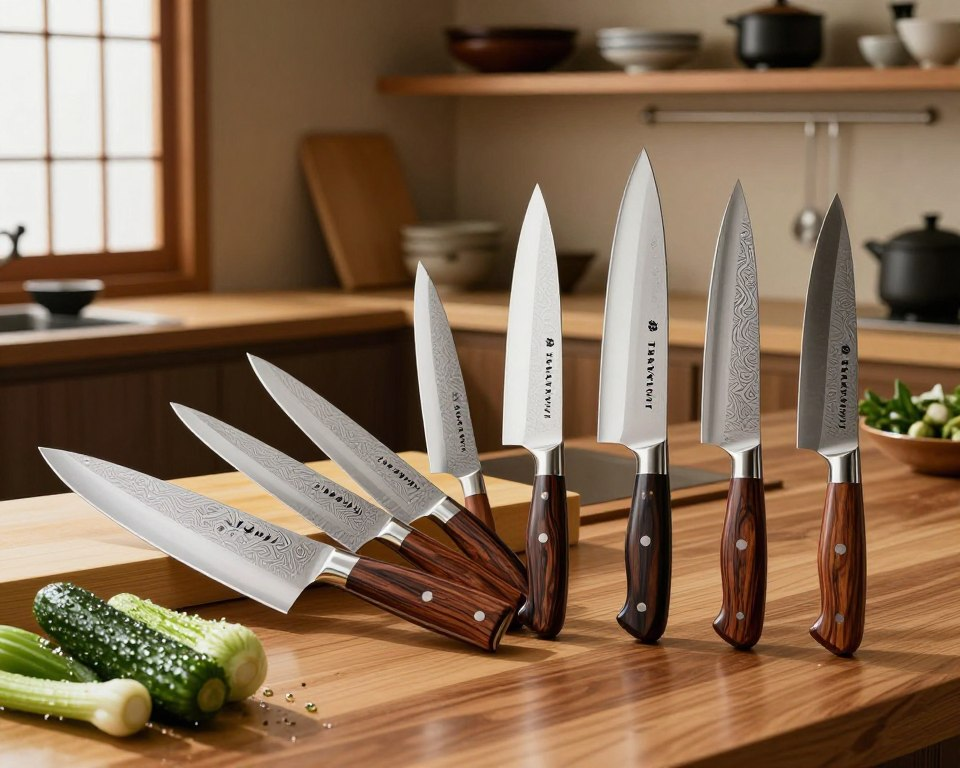 A beautifully arranged set of premium Sakai Takayuki chef knives displayed elegantly on a polished wooden countertop. The knives feature intricate Damascus patterns on the blades and polished, ergonomic handles made from a rich, dark wood. In the foreground, a few freshly chopped vegetables glisten with dew, highlighting the functionality of the knives. In the middle ground, a traditional Japanese kitchen setting is softly illuminated by warm, natural light coming from a nearby window, casting gentle shadows. In the background, shelves lined with traditional Japanese utensils and an aesthetic blend of modern and classic decor create an atmosphere of culinary artistry and craftsmanship. The image evokes a sense of respect for tradition and a promise of innovation for the future, capturing the essence of Sakai Takayuki's legacy.