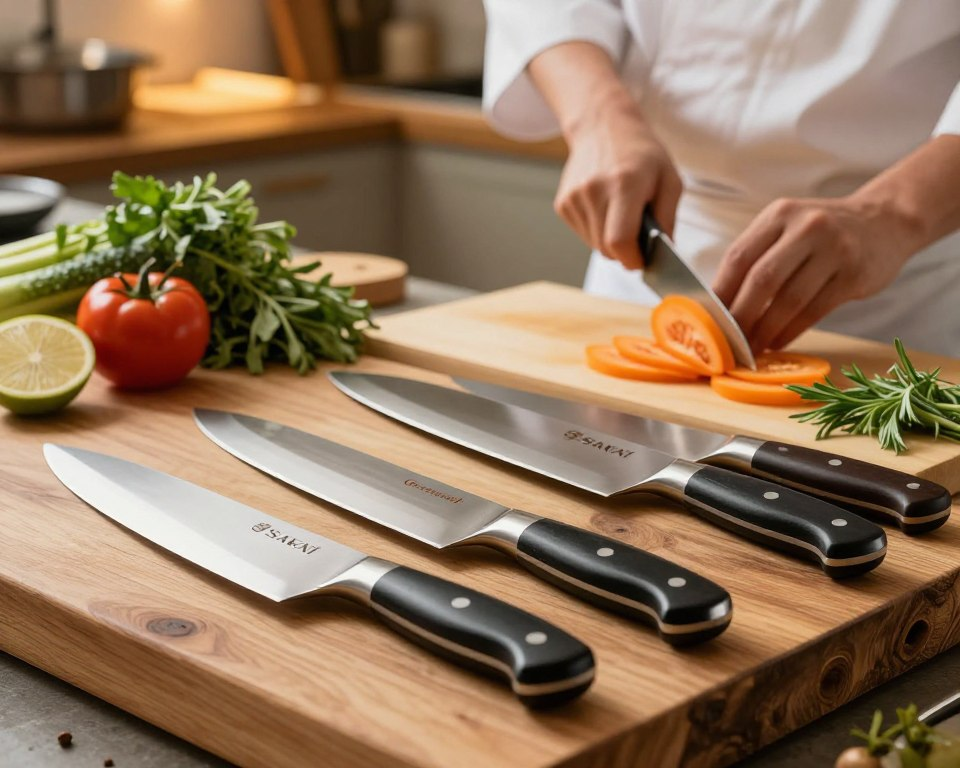 A beautifully arranged set of professional Sakai Takayuki Homura Guren Gyuto chef knives displayed on a rustic wooden cutting board. In the foreground, the knives gleam with precision, showcasing their unique craftsmanship and elegant handles made from high-quality materials. In the middle, fresh ingredients like vibrant vegetables and aromatic herbs are perfectly sliced, illustrating the knives in action. The background features a softly lit kitchen environment, with warm, diffused lighting enhancing the inviting atmosphere. The image captures a sense of mastery and culinary artistry, emphasizing the connection between the chef and their tools. The composition is shot from a slightly elevated angle, creating depth and focus on the knives and ingredients, inviting viewers to appreciate their beauty and functionality. The overall mood is professional and inspiring, highlighting the excellence of the Sakai Takayuki brand.