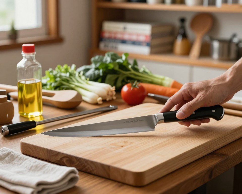 A beautifully arranged setting featuring a Sakai Takayuki Garasuki knife resting on a wooden cutting board, surrounded by maintenance tools like a honing rod, oil bottle, and cloth. In the foreground, a skilled hands gently sharpening the knife with precision, showcasing the gleaming blade under warm, natural light that highlights its craftsmanship. The middle ground consists of fresh ingredients, such as vegetables, hinting at the knife's culinary use. The background includes shelves with Japanese culinary books and wooden utensils, creating a cozy, kitchen atmosphere. The scene should evoke a sense of care and dedication, emphasizing the importance of maintaining high-quality culinary tools. Use a soft focus effect on the background to draw attention to the knife and the act of maintenance, captured from a low angle to enhance the craftsmanship's details.