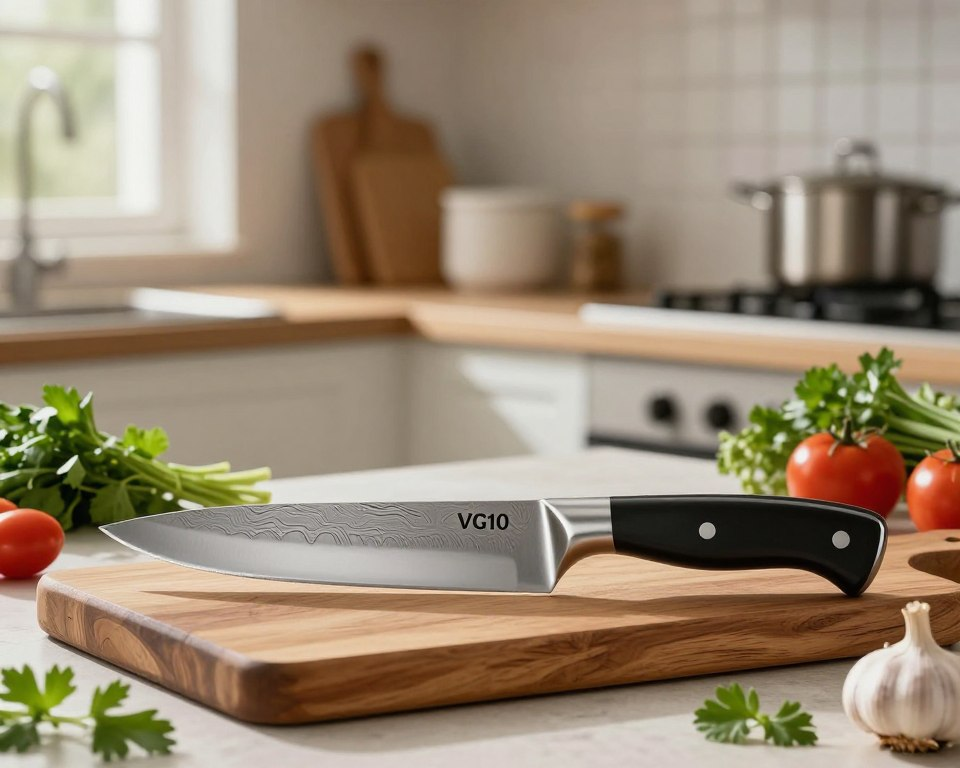 A beautifully arranged top-rated kitchen knife, showcasing exquisite craftsmanship. The knife features a sleek, polished VG10 steel blade with a symmetrical design, highlighting its fine edge and stunning Damascus pattern. In the foreground, the knife is placed on a rustic wooden cutting board, with fresh ingredients like herbs, garlic, and vegetables artfully scattered around to create a vibrant atmosphere. In the middle ground, soft natural light filters through a nearby window, casting gentle shadows and enhancing the knife's gleaming finish. The background features a blurred kitchen setting, with elegant utensils and high-quality cookware, evoking a sense of culinary excellence. The overall mood is inviting and warm, capturing the essence of premium kitchen tools and the joy of cooking.