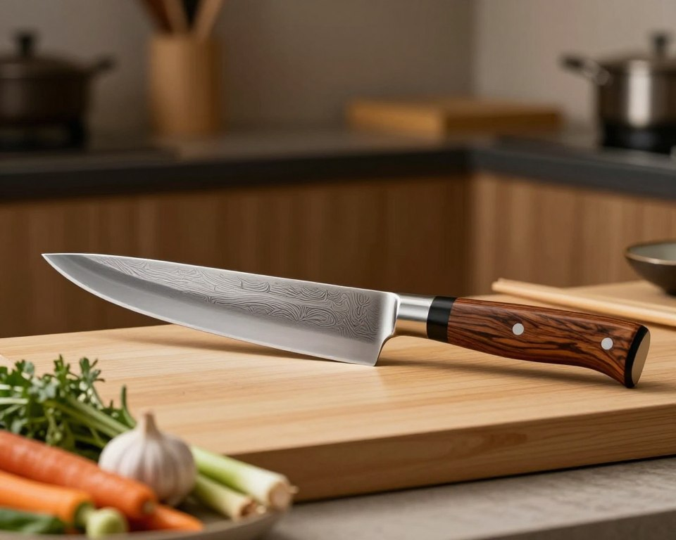 A beautifully crafted 45-layer Damascus steel gyuto knife resting on a natural wooden cutting board. The knife features a polished, intricate pattern on the blade, showcasing the artistry of Japanese craftsmanship. In the foreground, fresh ingredients like vibrant vegetables and herbs are artfully arranged, hinting at culinary precision. The middle ground captures the knife at a slight angle, emphasizing its sharp edge and elegant handle made from lustrous hardwood with a refined finish. The background displays a soft-focus kitchen environment, with warm, ambient lighting illuminating the scene. A gentle, focused light highlights the knife's textures, creating a calm and inviting atmosphere that reflects the essence of traditional Japanese cooking.