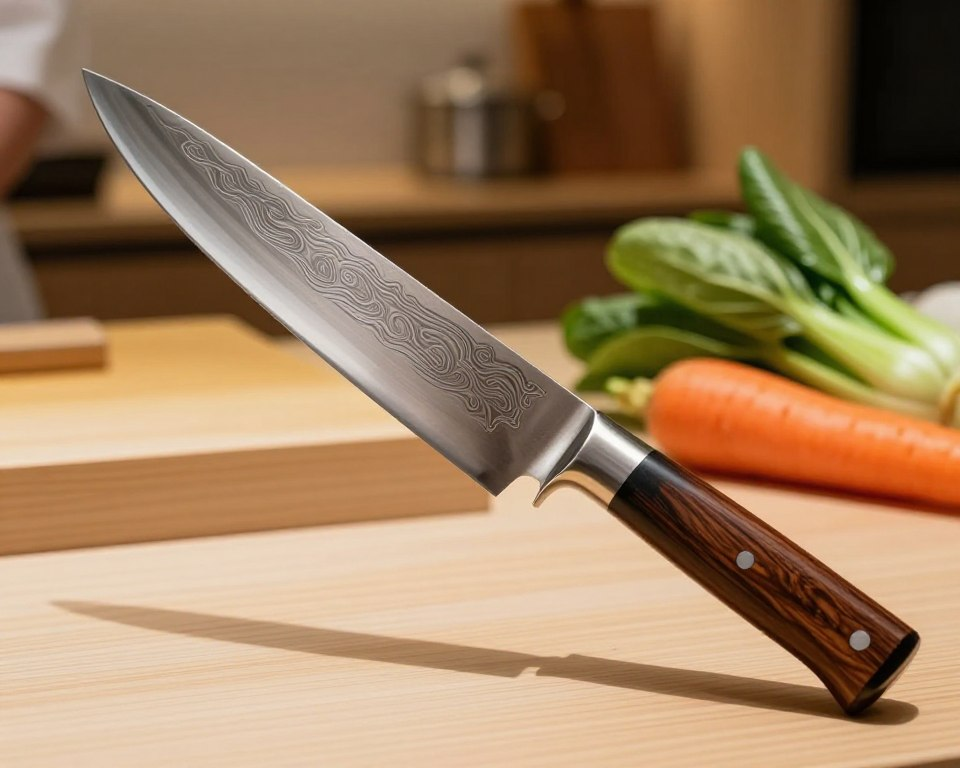 A beautifully crafted Japanese Damascus knife prominently displayed in the foreground, showcasing its 33-layer pattern with intricate swirling designs on the blade. The knife has a traditional octagonal Ho wood handle, emphasizing its craftsmanship and cultural significance. Set against a softly blurred wooden kitchen countertop in the middle, adorned with fresh vegetables like vibrant green bok choy and bright orange carrots, evoking a fresh cooking atmosphere. In the background, warm ambient lighting highlights the knife's elegant form, creating a serene and focused mood. The angle captures the knife from a slight diagonal perspective, enhancing its depth and allure, while ensuring all elements harmonize to draw attention to the craftsmanship of the Sakai Takayuki Nakiri knife. The scene embodies professionalism and artistry, perfect for culinary enthusiasts.