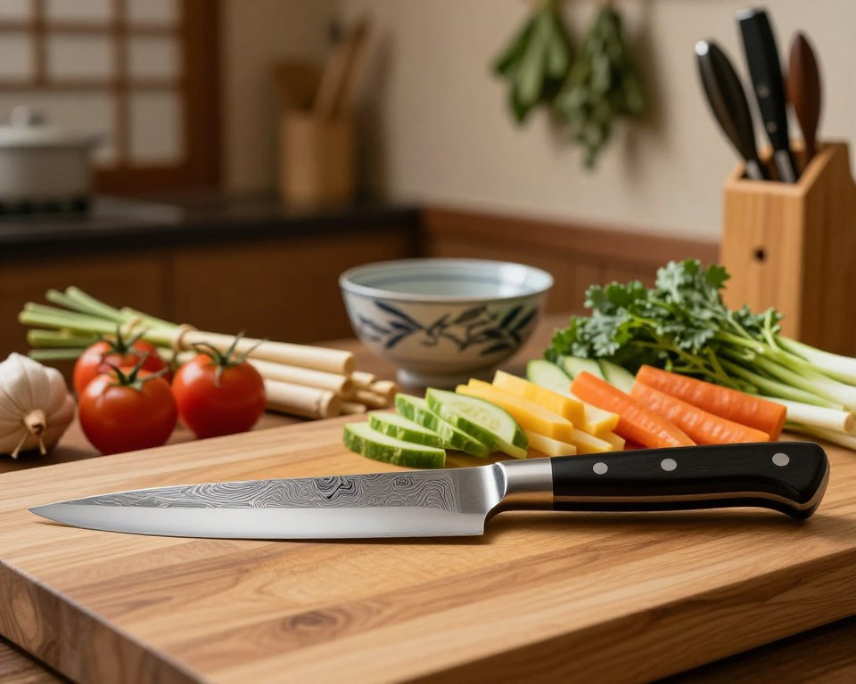 A beautifully crafted Japanese chef knife, featuring a stunning VG10 steel blade with intricate damascus patterns, gleaming under soft, warm kitchen lighting. The knife is positioned prominently in the foreground on a polished wooden cutting board, surrounded by fresh, vibrant vegetables sliced in a meticulous manner, showcasing skilled knife work. In the middle ground, a traditional Japanese kitchen setting is visible, with bamboo utensils and a delicate ceramic bowl adorned with subtle patterns. In the background, soft-focus images of hanging herbs and a well-organized knife rack can be seen, reinforcing a mood of culinary elegance and precision. The overall atmosphere should feel serene and focused, highlighting the importance of skillful knife techniques in culinary arts. The image should be captured with a slight overhead angle to emphasize the craftsmanship of the knife and its surroundings.