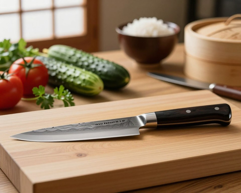 A beautifully crafted Japanese chef knife, specifically a Sakai Takayuki Damascus VG 10, rests on a finely grained wooden cutting board in the foreground. Its blade gleams with intricate Damascus patterns, showcasing the artistry of Japanese blade-making. The handle, made from polished ebony wood, complements the knife's elegance. In the middle ground, a scattering of fresh vegetables, such as vibrant green cucumbers and bright red tomatoes, hints at their culinary potential, while delicate herbs add a touch of color. The background features a softly blurred kitchen setting, with traditional Japanese elements like a rice bowl and bamboo steamer, creating a warm, inviting atmosphere. Soft natural light filters in from a nearby window, casting gentle shadows and highlighting the knife's sharpness. The mood is calm and refined, embodying the art of Japanese culinary tradition.