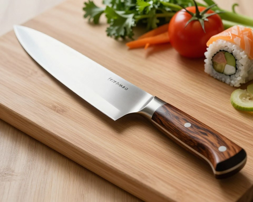 A beautifully crafted Japanese kitchen knife prominently displayed on a wooden cutting board. The knife features a sleek, wide 190mm blade with a polished, mirror-like finish reflecting soft, natural light. The handle is made from rich, dark wood with an elegant, intricate grain pattern, providing a contrast to the shiny metal blade. In the background, vibrant colorful ingredients like fresh vegetables, herbs, and a sushi roll are arranged artfully, hinting at dishes that can be prepared with this knife. The scene is well-lit with soft, diffused lighting to create a warm, inviting atmosphere, enhancing the craftsmanship and purpose of the knife. The camera angle is slightly top-down, emphasizing the knife and its surroundings without any additional text or distractions.