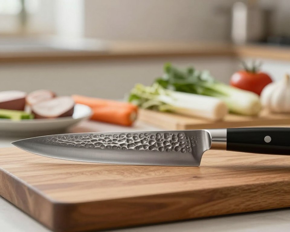 A beautifully crafted Japanese knife, showcasing a stunning hammered texture across its 33-layer VG10 Damascus steel blade. The knife is centered in the foreground, with the intricate details of the hammered surface glinting subtly in soft, natural lighting. Reflective highlights accentuate the unique patterns, drawing attention to the craftsmanship. In the middle ground, a polished wooden cutting board adds warmth and contrast, while a set of meticulously arranged ingredients hint at culinary use. The background remains blurred to emphasize the knife, featuring a gentle bokeh effect created with an f/2.8 lens, evoking a serene kitchen atmosphere. The overall mood is elegant and focused, highlighting the importance of hammered texture in quality cutlery.