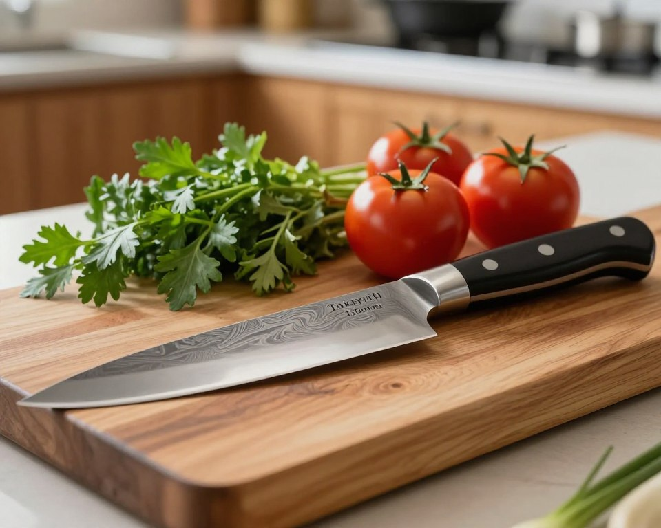 A beautifully crafted Japanese knife, specifically the Sakai Takayuki 120mm chef's knife, showcased in the foreground, with its elegantly curved blade glinting under soft, diffused natural light. The blade features intricate patterns characteristic of high-quality Damascus steel, reflecting a blend of artistry and functionality. In the middle ground, an assortment of fresh, vibrant ingredients - including bright green herbs, ripe red tomatoes, and a glossy wooden cutting board - sets an inviting culinary scene. In the background, a softly blurred kitchen environment hints at a serene cooking atmosphere, with warm wooden cabinetry and subtle cooking tools. The overall mood is one of inspiration and professionalism, perfect for anyone looking to enhance their culinary skills. The image should be captured from a slight top-down angle to highlight the knife's craftsmanship and the beautiful ingredients.
