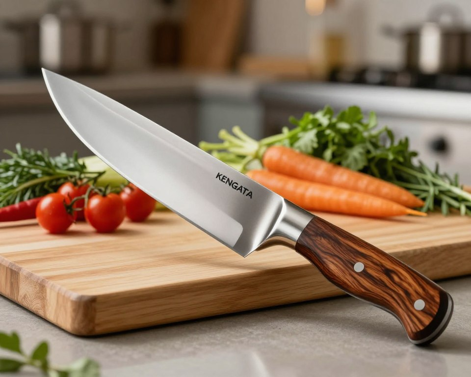 A beautifully crafted Kengata knife, showcasing its elegant blade made from Sakai Takayuki Blue Paper steel, positioned prominently in the foreground. The knife features a distinctive, slightly curved blade with a polished finish, reflecting light delicately. The handle, made of rich dark wood with intricate grain patterns, adds an element of warmth. In the middle, set against a light wooden cutting board, fresh ingredients such as vibrant vegetables and herbs are artfully arranged, emphasizing the knife’s ideal uses in culinary tasks. The background features a softly blurred kitchen setting, illuminated by warm, diffused lighting to create a cozy atmosphere. This composition captures the exceptional craftsmanship and practical application of the Kengata knife in a professional kitchen environment.