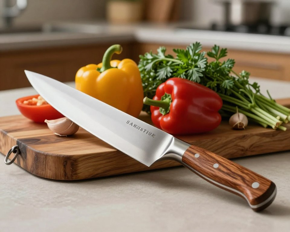 A beautifully crafted Sakai Takayuki 150mm chef's knife displayed prominently in the foreground, showcasing its sleek, stainless steel blade and elegant wooden handle. The knife is angled slightly to emphasize its sharp edge and balance, reflecting soft, natural light that highlights its polished surface. In the middle ground, an assortment of fresh vegetables, including vibrant bell peppers and aromatic herbs, are artfully arranged, suggesting a setting ready for culinary precision. The background features a rustic wooden cutting board and a softly blurred kitchen environment, evoking a warm and inviting atmosphere. The overall mood is one of sophistication and professional culinary artistry, perfect for illustrating exceptional craftsmanship in a kitchen setting.