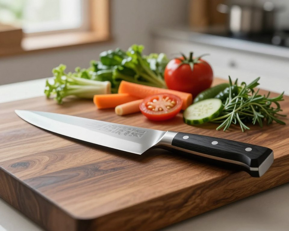 A beautifully crafted Sakai Takayuki 240mm Japanese chef knife elegantly positioned on a smooth, dark wooden cutting board. In the foreground, the knife gleams with a polished steel blade, showcasing intricate patterns and high-quality craftsmanship. The handle features a traditional octagonal shape made from ebony wood, offering an air of authenticity and sophistication. In the middle ground, vibrant, freshly chopped vegetables and herbs create a colorful array, hinting at the knife's precision in culinary tasks. The background remains softly blurred, emphasizing a serene kitchen environment with natural light streaming through a nearby window, casting gentle shadows. The overall mood is inspiring and focused, encapsulating the essence of enhancing culinary skills through superior tools.