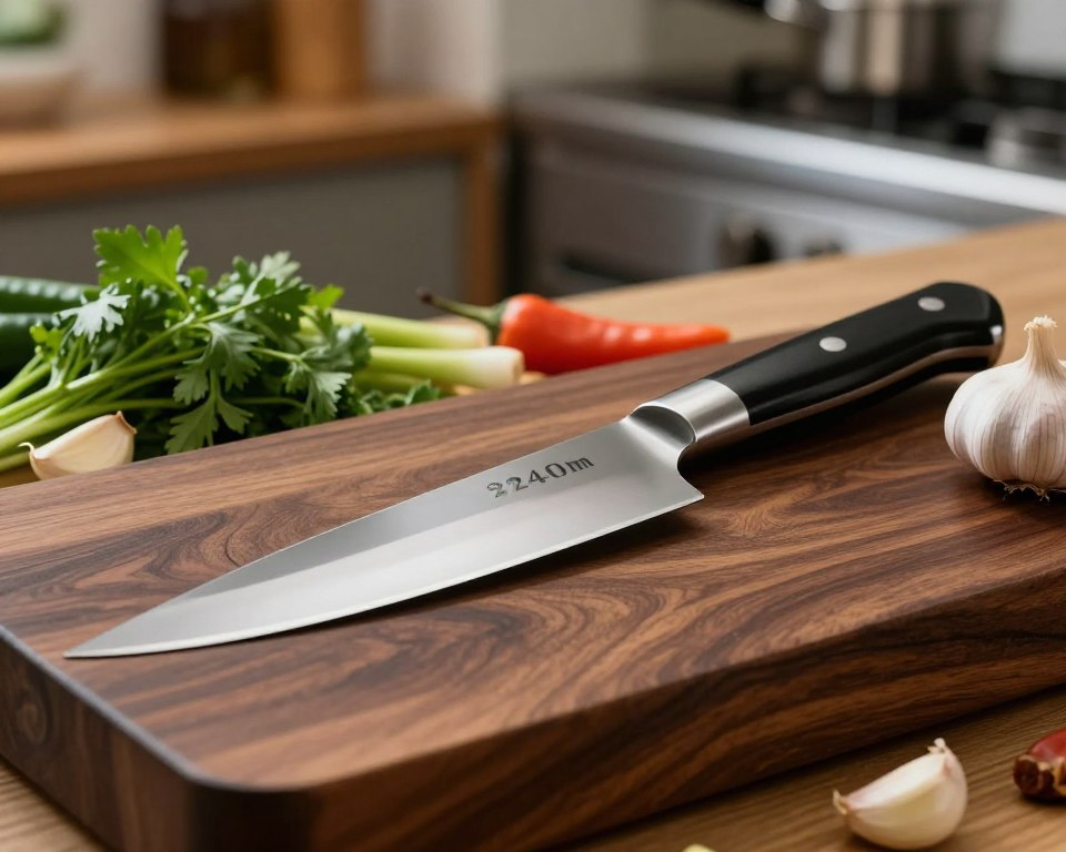 A beautifully crafted Sakai Takayuki 240mm Japanese chef knife is the focal point of this image, showcased on a dark, polished wood cutting board. The knife's elegant curvature and sharp blade reflect a stunning balance of artistry and functionality, with a lustrous finish that highlights its craftsmanship. Surrounding the knife are fresh ingredients like vibrant green herbs, garlic cloves, and colorful vegetables, artfully arranged to enhance the dynamic composition. Soft, natural lighting creates gentle shadows, lending a warm, inviting atmosphere to the scene. A blurred kitchen background features hints of wooden shelves and stainless steel appliances, conveying a professional culinary environment. The angle of the shot should emphasize the knife's blade, showcasing its precision and detailing while instilling a sense of craftsmanship and expertise.