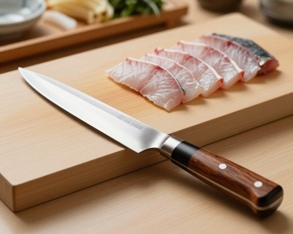A beautifully crafted Sakai Takayuki 240mm Sujihiki knife sits prominently in the foreground, showcasing its elegant, sharp blade that gleams under soft natural light. The handle, made of rich, dark wood, reflects traditional craftsmanship and ergonomics, hinting at comfort during use. In the middle ground, a neatly arranged cutting board displays thin, perfectly sliced pieces of fresh fish, emphasizing the knife's ideal function for sashimi preparation. A subtle blur of vegetables and herbs is visible in the background, creating a kitchen ambiance that suggests culinary artistry and precision. The overall mood is one of sophistication and professionalism, evoking a serene, focused environment conducive to culinary mastery. The image is captured from a slightly elevated angle, enhancing the sharp lines and details of the knife and the fresh ingredients around it.