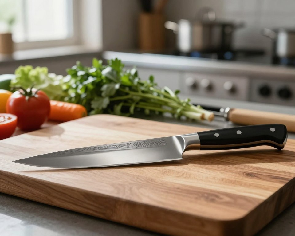 A beautifully crafted Sakai Takayuki 300mm knife rests on a polished wooden cutting board. The blade, gleaming with a mirror finish, showcases its intricate patterns and craftsmanship. In the foreground, the knife is angled to highlight its long, slender profile and sharp edge, inspiring a sense of precision. Soft, natural light streams from a nearby window, casting gentle shadows and illuminating the fine details of the steel. In the middle ground, there are fresh ingredients, like vibrant vegetables and aromatic herbs, artfully arranged to emphasize the knife's use. The background features a blurred kitchen scene, evoking a professional chef's workspace, with pots and pans subtly hinting at culinary creativity. The overall mood is one of sophistication and culinary excellence, making it ideal for professional chefs.