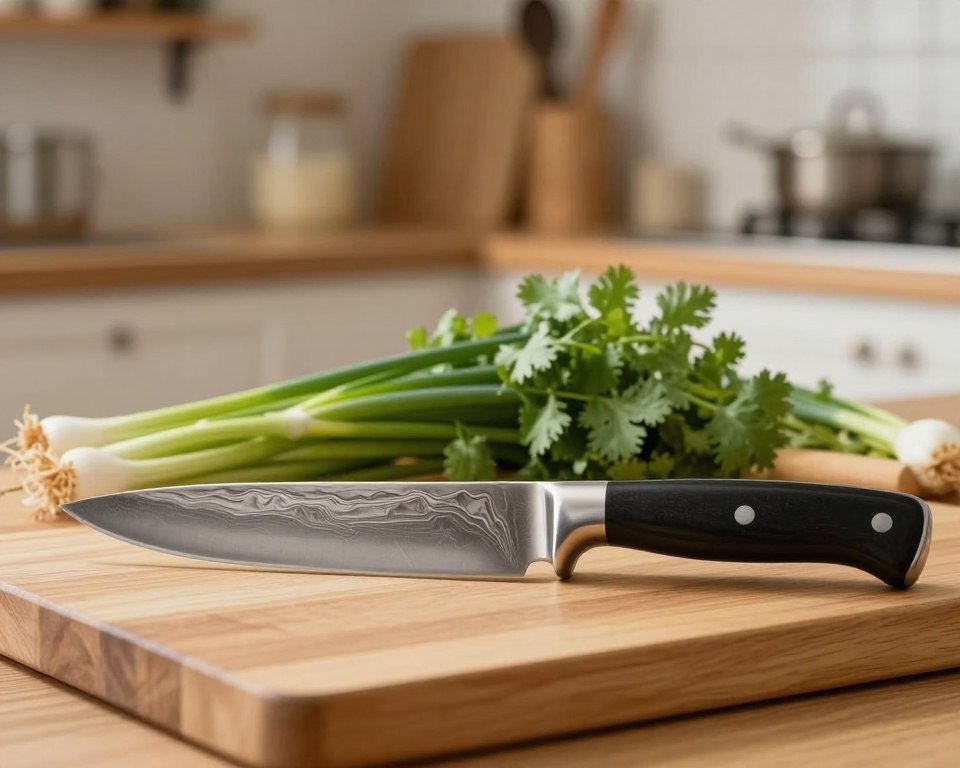 A beautifully crafted Sakai Takayuki 33-Layer VG10 Damascus Hammered Knife, elegantly showcased on a stylish wooden cutting board. The knife should be in the foreground, its shimmering 33-layer Damascus blade reflecting soft, diffused natural light, highlighting the intricate patterns. In the middle ground, a selection of fresh, vibrant vegetables and herbs, such as green onions and cilantro, add a culinary touch. The background should feature a softly focused, warm-toned kitchen interior, with tasteful wooden shelves and culinary tools, suggesting a cozy atmosphere. The overall mood should be inviting and serene, evoking a sense of craftsmanship and quality in Japanese cutlery. Use a shallow depth of field to emphasize the knife while keeping the background slightly blurred.