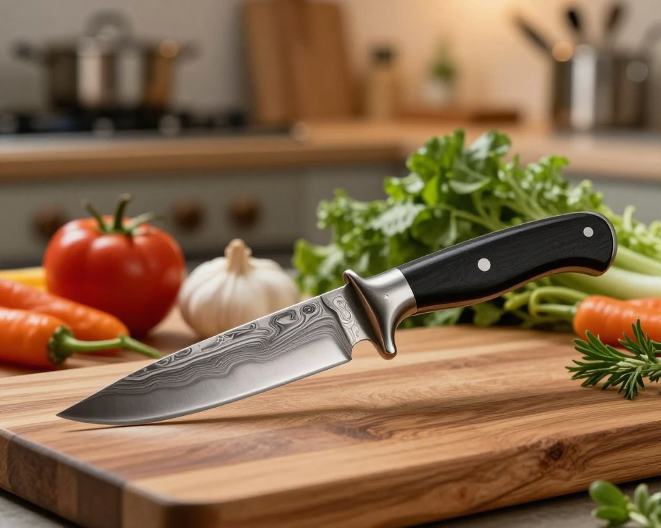 A beautifully crafted Sakai Takayuki 45-layer Damascus petty knife, 150mm. The knife features a slender, elegant blade with distinct patterns on its surface, showcasing the intricate damascus steel texture. In the foreground, the knife is placed on a polished wooden cutting board, highlighting its sharpness and precision. Surrounding the knife are fresh ingredients, such as vibrant vegetables and herbs, evoking the sense of culinary artistry. The background is softly blurred, revealing a warm kitchen setting with warm ambient lighting, creating an inviting atmosphere. The composition should emphasize the knife's craftsmanship and utility, capturing the essence of choosing a petty knife for culinary tasks. Ultimate focus on natural light reflecting off the blade, enhancing its details, with a shallow depth of field.