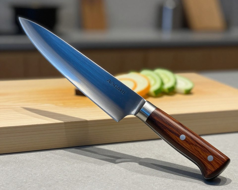 A beautifully crafted Sakai Takayuki Aogami gyuto knife prominently displayed in the foreground, showcasing its elegant, sharp blade and traditional Japanese craftsmanship. The knife features a deep blue Aogami steel blade with a polished edge, reflecting ambient light. The handle is made of rich, dark hardwood, with visible grain patterns adding warmth. In the middle ground, a cutting board is lightly marked with fresh vegetable slices, illustrating its functionality in a kitchen setting. Soft, diffused lighting creates a serene atmosphere, highlighting the craftsmanship. In the background, an unobtrusive kitchen environment with subtle textures and earth tones enhances the seamless integration of the knife within a culinary space. The angle captures the knife from a slightly elevated perspective, invoking a sense of admiration for this kitchen essential.