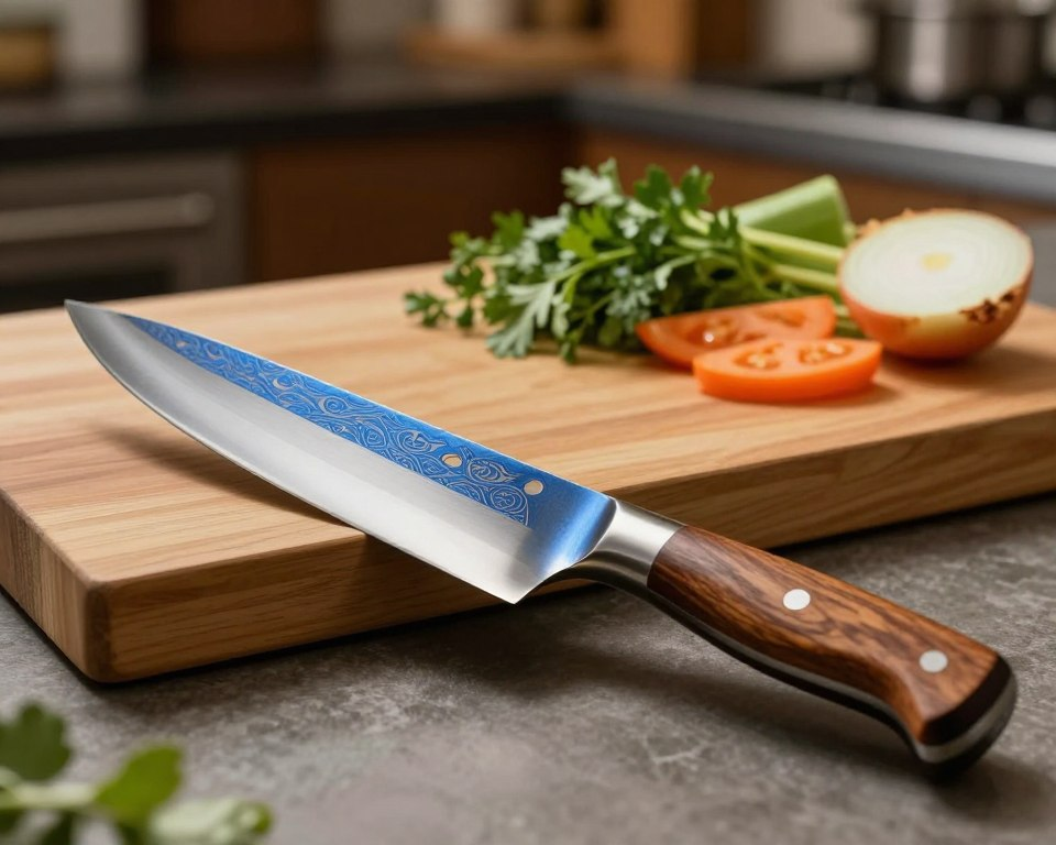 A beautifully crafted Sakai Takayuki Aoniko Blue 2 knife prominently featured in the foreground, showcasing its sharp, gleaming blade with intricate details of the steel pattern. The handle, made of rich wood, contrasts with the metallic blade, highlighting its ergonomic design. In the middle ground, a wooden cutting board is placed with fresh ingredients like vibrant herbs, vegetables, and a cutting onion, emphasizing the knife's utility in culinary settings. The background features a softly blurred kitchen scene with warm, ambient lighting that evokes a cozy, inviting cooking atmosphere. The image should be shot at a slight angle from above to capture the knife's elegance and functionality, with a focus on precision and craftsmanship, offering an overall mood of culinary excellence.