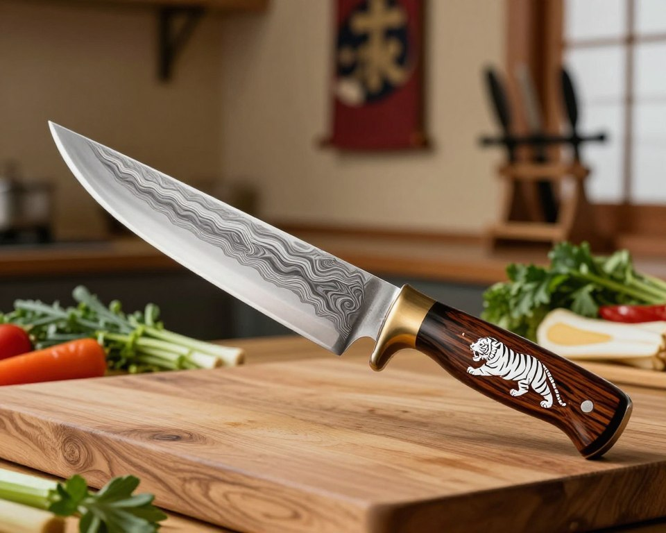 A beautifully crafted Sakai Takayuki Byakko White Tiger knife showcased prominently in the foreground, gleaming under soft, diffused natural light. The knife features an intricate Damascus pattern on the blade, with a distinct white tiger emblem inlaid on the handle made of traditional Japanese woods, reflecting artisanal excellence. The middle ground consists of a polished wooden chopping board adorned with fresh herbs and vibrant vegetables, evoking culinary inspiration. In the background, a faint silhouette of a Japanese kitchen with traditional elements like knife racks and decorative wall hangings creates an authentic atmosphere. The image captures a sense of elegance and craftsmanship, inviting viewers to appreciate the beauty of the knife and highlighting its cultural significance. The overall mood is warm and inviting, perfect for culinary enthusiasts and knife collectors.