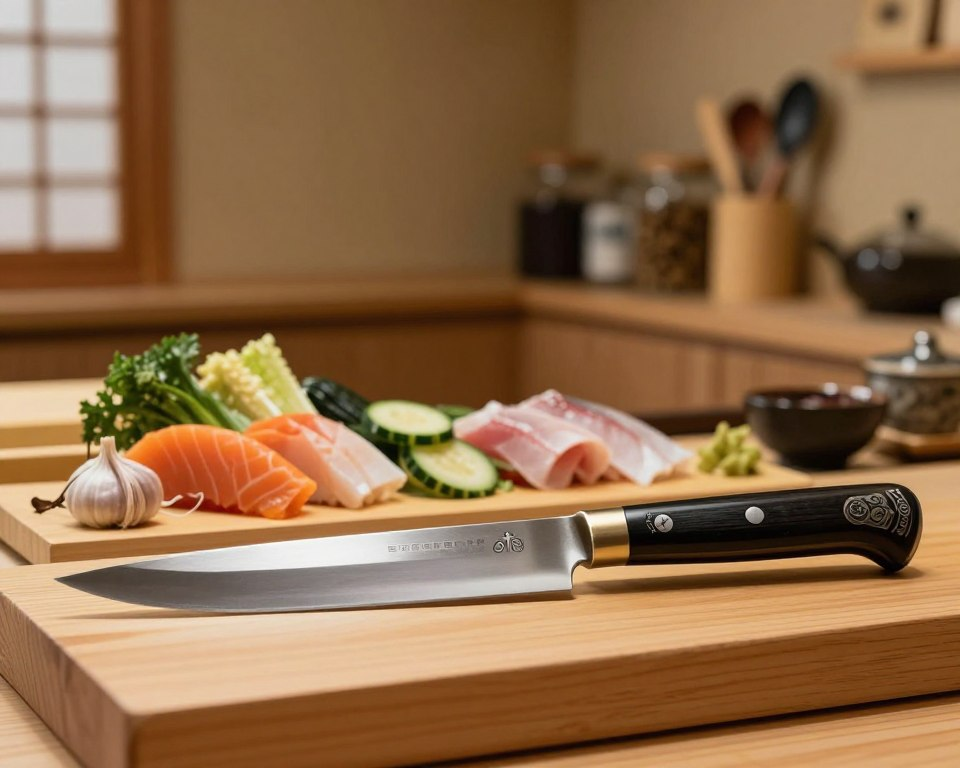 A beautifully crafted Sakai Takayuki Grand Chef Sujihiki knife, prominently displayed in the foreground on a polished wooden cutting board. The knife features a long, slim, and elegantly curved blade with a sharp edge, and intricate Japanese craftsmanship visible in its detailing. Beside the knife, fresh ingredients including vibrant vegetables and thinly sliced fish are artfully arranged, hinting at the precision of the slicing technique. The middle ground offers a blurred kitchen setting with soft, warm lighting that creates a cozy and inviting atmosphere. In the background, a hint of a traditional Japanese kitchen can be seen, with wooden shelves filled with spices and utensils, enhancing the cultural context. The image is captured with a shallow depth of field to keep the focus on the knife and ingredients, evoking the joy of culinary creativity.
