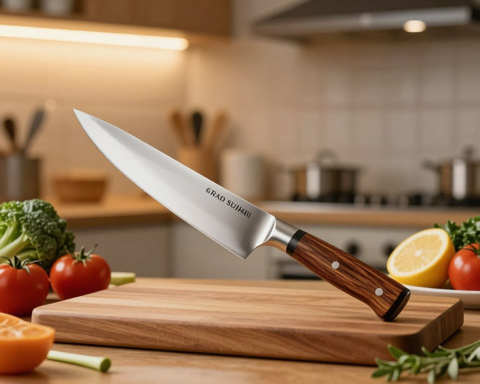 A beautifully crafted Sakai Takayuki Grand Chef Sujihiki slicing knife takes center stage in a softly lit kitchen setting. The knife, featuring a sleek, polished stainless steel blade and a traditional wooden handle, is elegantly displayed on a rich wooden cutting board surrounded by fresh ingredients like vibrant vegetables, juicy fruits, and herbs. In the background, a softly glowing kitchen with warm pendant lighting creates an inviting atmosphere, enhancing the knife's craftsmanship. A subtle depth of field blurs out the kitchen backdrop, focusing attention on the knife, emphasizing its sharpness and precision. The mood is warm and culinary-focused, reflecting a home chef's passion for cooking and the joy of using high-quality tools in the kitchen.