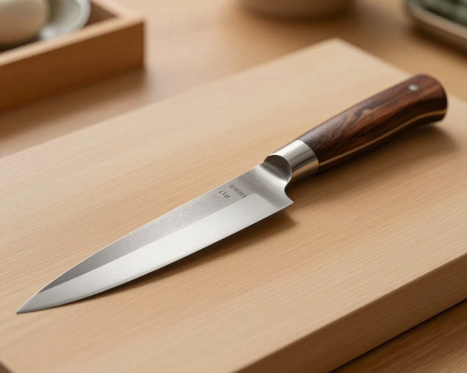 A beautifully crafted Sakai Takayuki Gyuto 210 kitchen knife, elegantly displayed on a minimalist wooden cutting board. In the foreground, highlight the knife's sleek, tapered blade gleaming with a polished finish, showcasing intricate patterns typical of traditional Japanese craftsmanship. The blade's dual curvature and precise edge should be visible, embodying its versatility. In the middle ground, focus on the knife's handle, made of rich, dark wood with subtle grain details, ergonomically shaped for comfort. The background should feature soft, warm lighting that creates a cozy kitchen atmosphere, enhancing the reflective quality of the blade. Capture the image from a slightly elevated angle to emphasize the knife's design elements and craftsmanship, evoking an appreciation for the artistry in culinary tools.