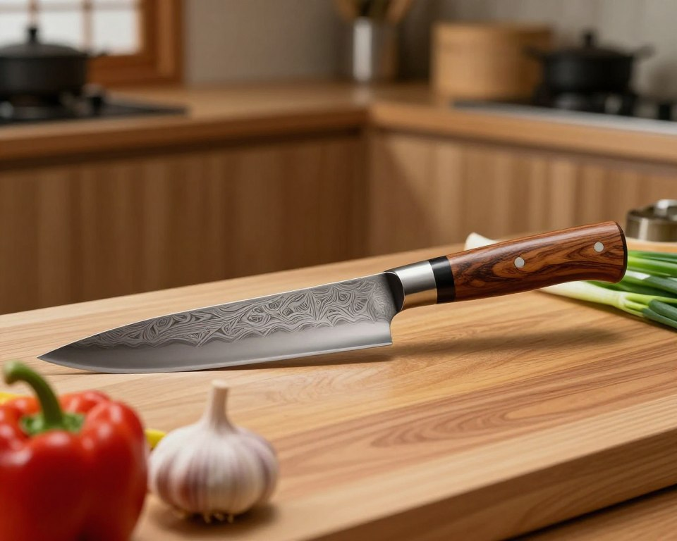 A beautifully crafted Sakai Takayuki Gyuto knife rests elegantly on a polished wooden cutting board. The knife features a traditional Damascus steel blade with intricate patterns, glimmering under soft, natural light that highlights its sharp edge and sleek handle. In the foreground, there are vibrant, fresh ingredients—like colorful bell peppers, garlic, and green onions—artfully arranged beside the knife. The middle ground showcases the knife's handle, made from beautifully grained wood, enhancing the upscale and artisanal feel. The background should be softly blurred, featuring a classic Japanese kitchen with subtle wooden textures and muted earthy tones, evoking a warm and inviting atmosphere that symbolizes culinary mastery. The perspective is slightly angled to draw attention to the knife while maintaining a harmonious composition.