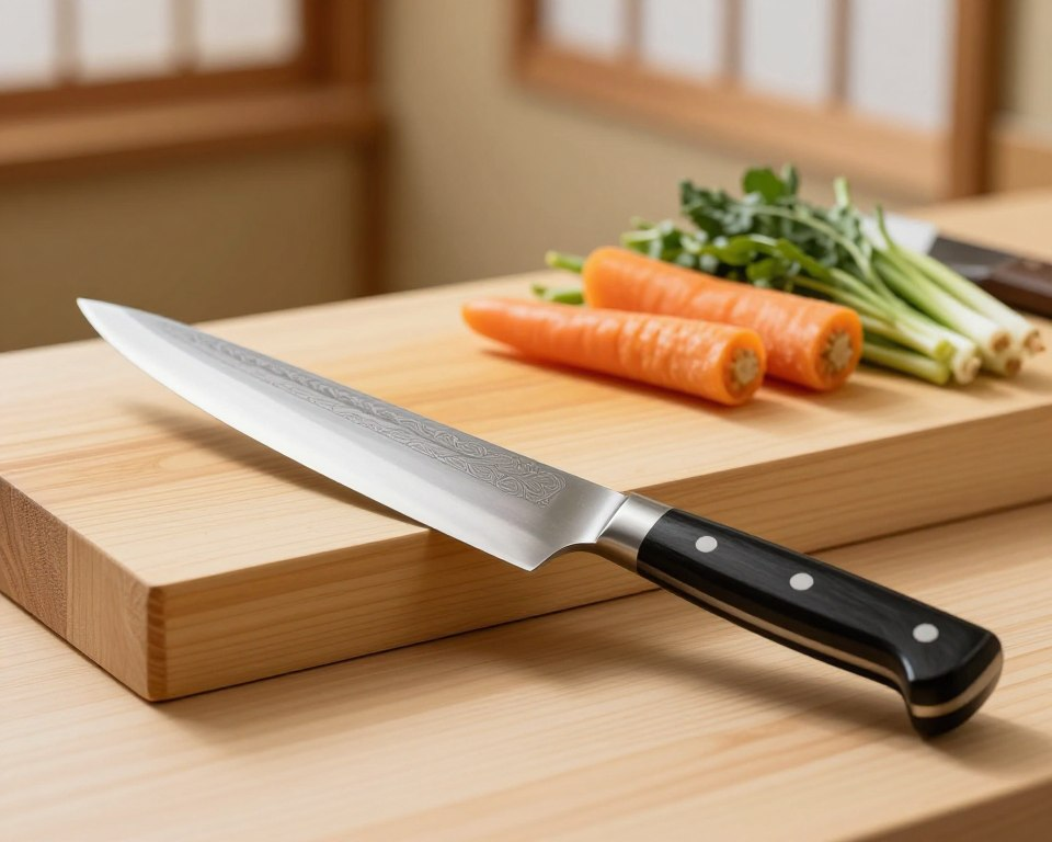 A beautifully crafted Sakai Takayuki Homura Guren Nakiri knife, prominently displayed in the foreground, glistening under soft, diffused natural light. The blade features a stunning dual-tone finish, showcasing traditional Japanese craftsmanship and intricate patterns. In the middle ground, a vibrant wooden chopping board, perhaps made of hinoki cedar, displays fresh, colorful vegetables being sliced, emphasizing the knife's versatility. In the background, a softly blurred Japanese kitchen setting evokes a warm, inviting atmosphere, with subtle hints of bamboo and rice paper. The composition captures a serene, productive feel, underscoring the essential role this knife plays in culinary creativity. The angle should be slightly elevated, showcasing both the knife and its culinary context elegantly.