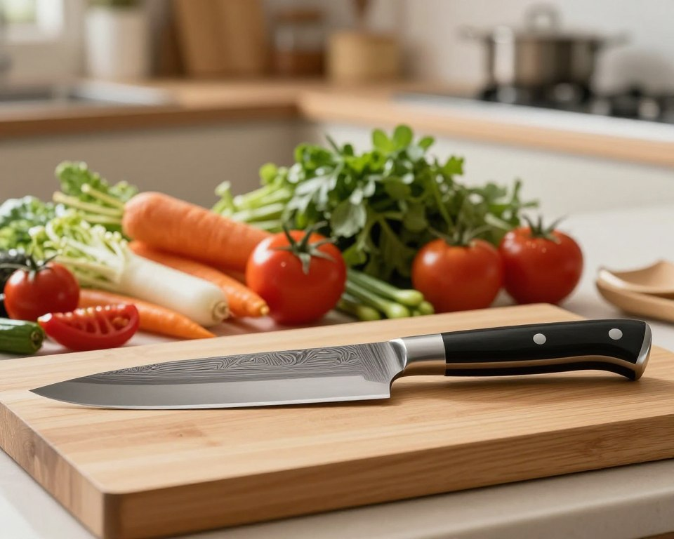 A beautifully crafted Sakai Takayuki Homura Guren chef knife displayed on a wooden cutting board. The knife, with its distinctive layered Damascus steel blade and elegant handle, reflects the artistry of Japanese craftsmanship. In the foreground, the knife is centered, showcasing its sharp edge and intricate patterns. In the middle ground, fresh ingredients like vibrant vegetables and herbs are artfully arranged, emphasizing the knife's intended use for culinary enthusiasts. The background features a softly blurred kitchen setting, illuminated by warm, natural light, creating an inviting atmosphere. The overall mood should evoke a sense of professionalism and appreciation for quality cooking tools, inspiring home chefs and culinary experts alike.