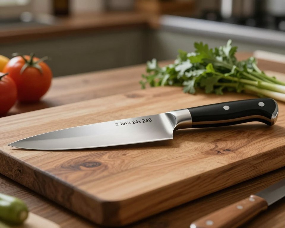 A beautifully crafted Sakai Takayuki Inox 240 chef knife, showcasing its sleek, polished blade and ergonomic handle, is placed on a rustic wooden cutting board. The knife glistens under soft, warm lighting that accentuates the high-quality steel and elegant craftsmanship. In the background, a faint blur of fresh vegetables and herbs evokes a sense of culinary creativity. The composition focuses on the knife, highlighting its balance and sharpness. A shallow depth of field draws the viewer's attention to the intricate details of the blade, while the surrounding kitchen atmosphere feels inviting and organic. The mood is one of inspiration and passion for cooking, perfect for highlighting user experiences and reviews of this versatile Japanese blade.