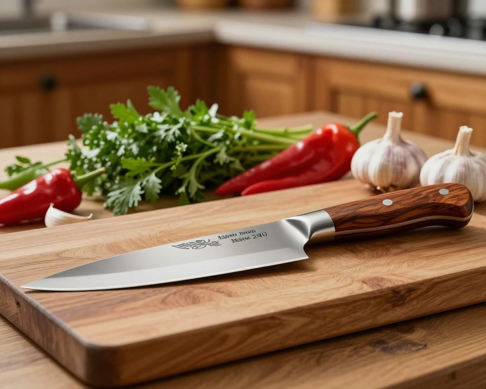 A beautifully crafted Sakai Takayuki Inox 240 chef knife, showcasing its sleek stainless steel blade with intricate Japanese patterns and a polished wooden handle, resting on a rustic wooden cutting board. In the foreground, the knife glimmers under soft, diffused natural light, highlighting its sharp edge and fine craftsmanship. In the middle ground, fresh ingredients like vibrant herbs, red peppers, and garlic are artfully arranged, hinting at the knife's versatility and culinary potential. The background features a cozy kitchen setting with warm wooden cabinets and subtle hints of kitchen tools, creating an inviting atmosphere. The overall mood is serene and focused, embodying the essence of culinary mastery and the joy of cooking. The image maintains a clean and professional presentation suitable for an article section about a versatile kitchen tool.