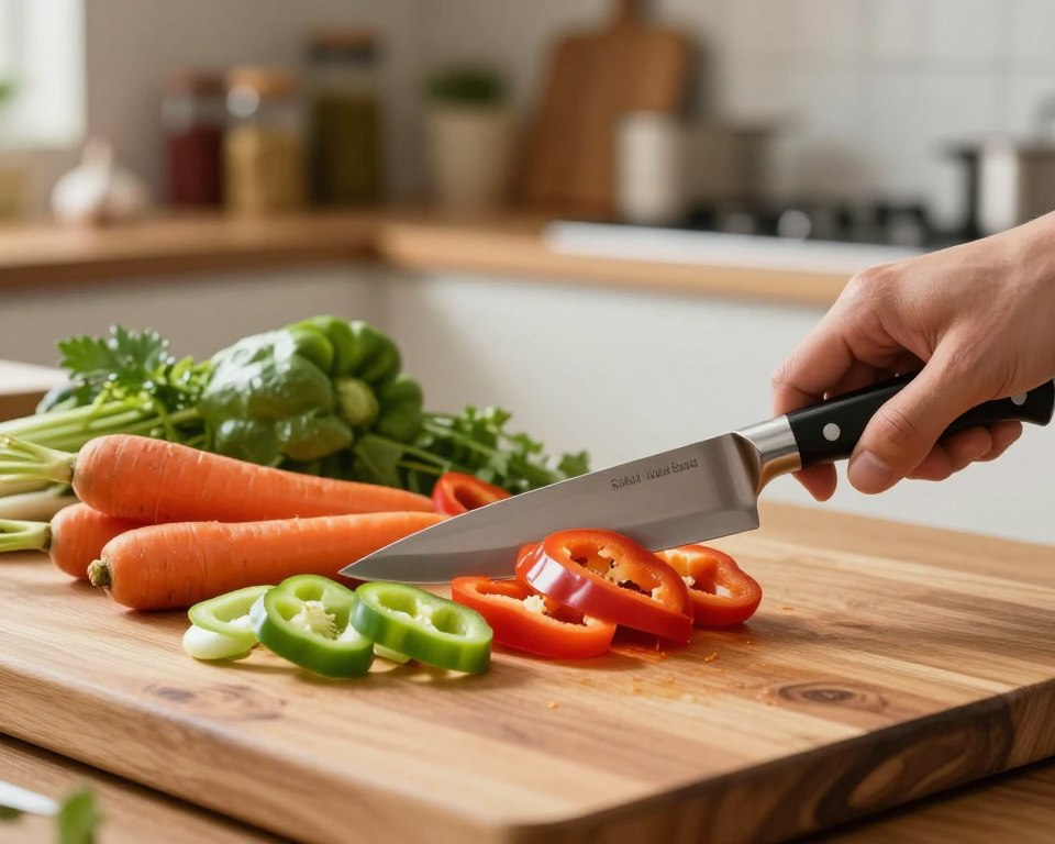 A beautifully crafted Sakai Takayuki Santoku knife, showcasing its elegant design and sharp blade, is expertly slicing through a vibrant array of fresh vegetables on a smooth wooden cutting board. In the foreground, focus on the knife's intricate handle and the precise cutting action, capturing the moment the blade meets the vegetables—carrots, bell peppers, and green onions—creating scattered, colorful slices. The middle ground features a slightly blurred view of additional ingredients, like herbs and garlic, while the background hints at a well-lit kitchen setting with blurred shelves of spices and cooking utensils, bathed in warm, natural light. The overall atmosphere conveys a sense of culinary artistry and sophistication, perfect for inspiring home cooks.